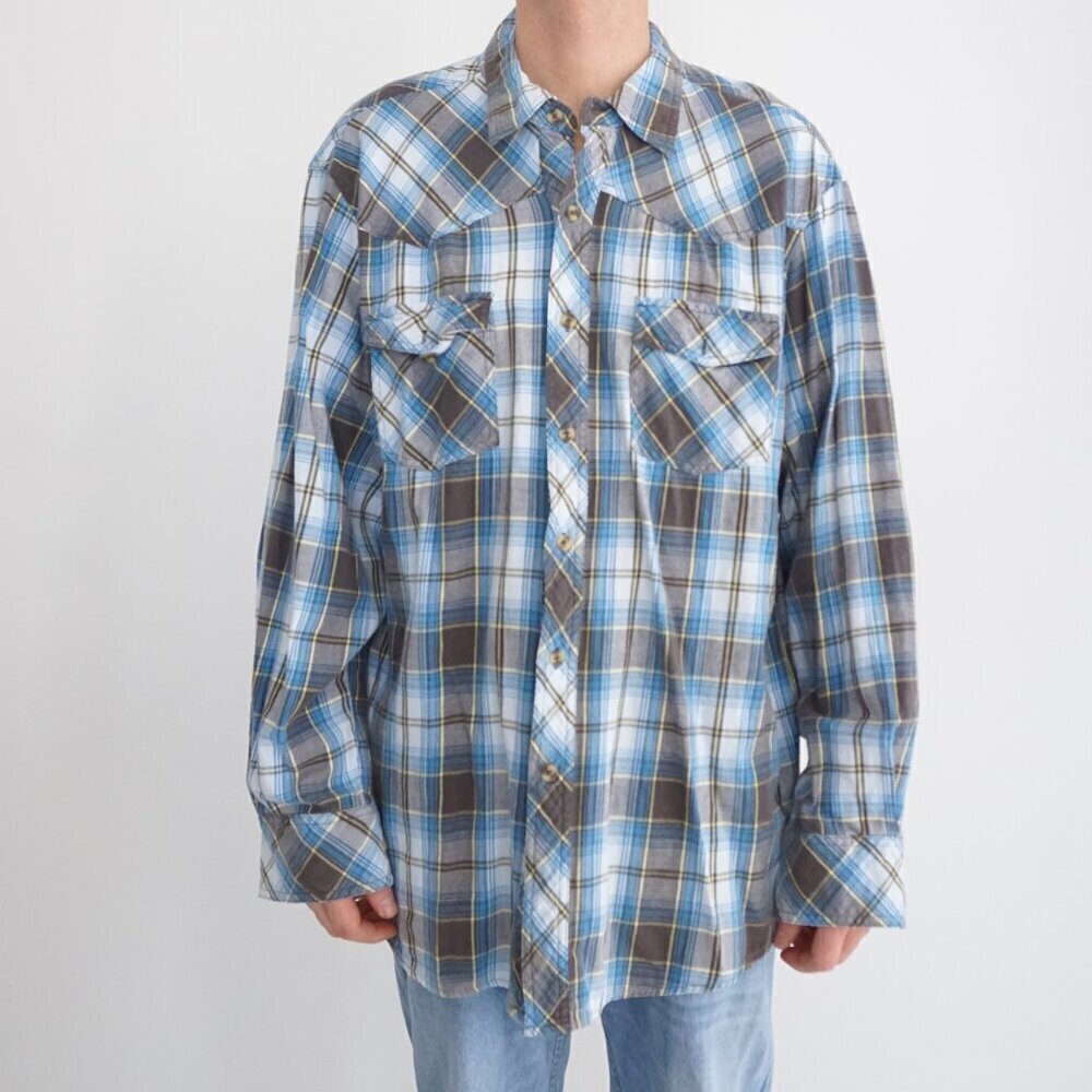 Vintage Dakota Blue Brown Plaid Button Up Outdoor Hiking Cottage Cotton Shirt XL